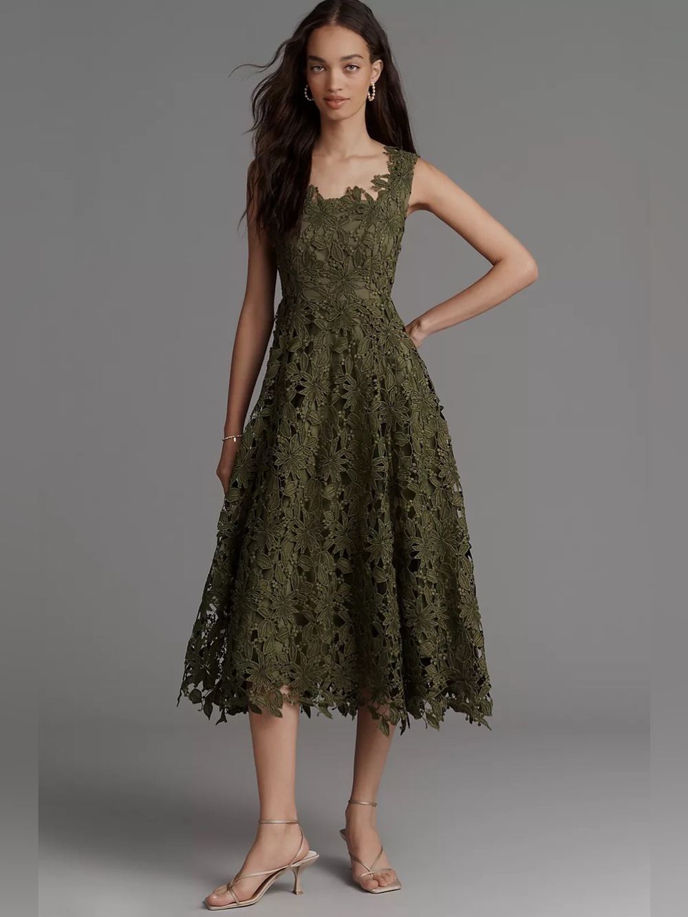 MAC DUGGAL Olive Sleeveless Embroidered Lace A-Line Lace Cutwork Midi Dress